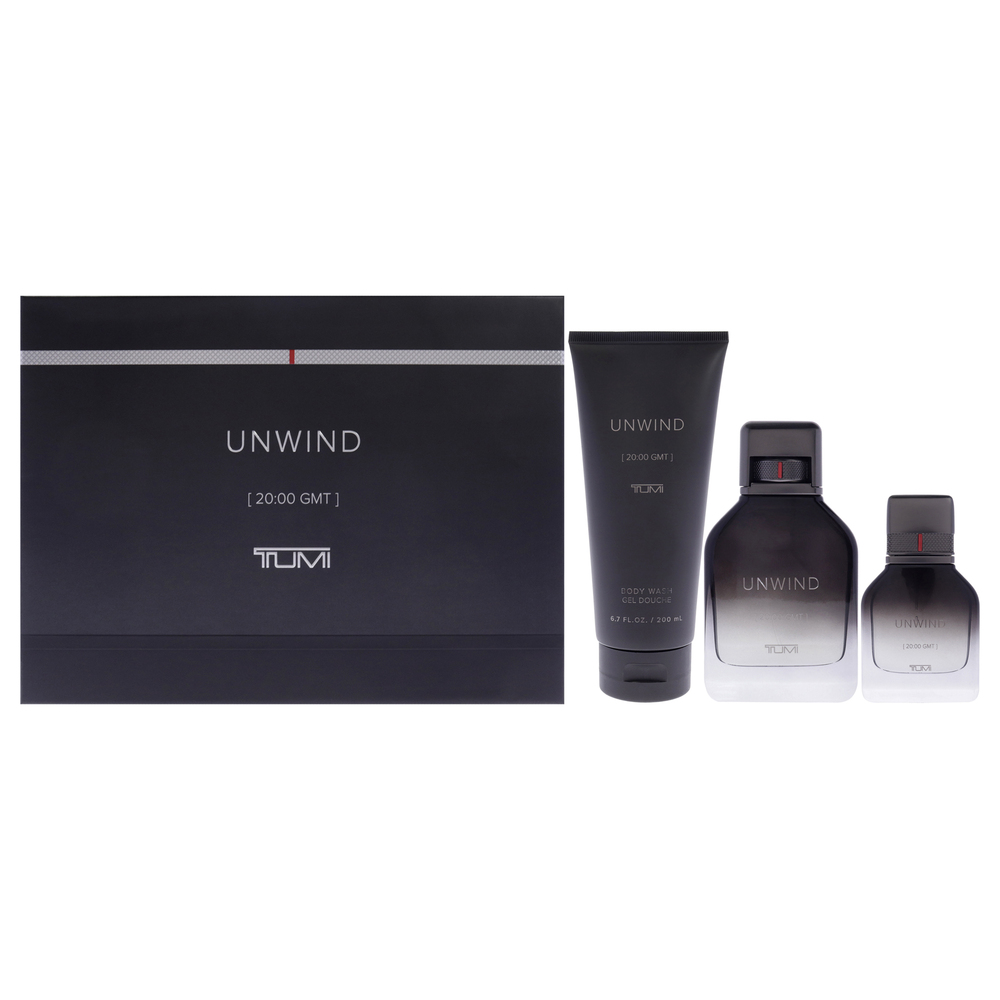 Unwind by Tumi Men 3 Pc Gift Set 3.4oz EDP Spray, 1oz EDP Spray, 6.7oz Body Wash
